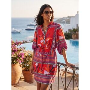 DVF Chrystie Floral‎ Placement Beet Silk Shift Dress Red Purple Multi 2 $498